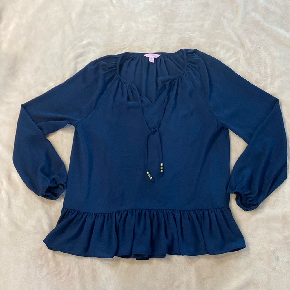 Lilly Pulitzer Tensley High‎ Tide Navy Pullover Blouse Women’s Size Small